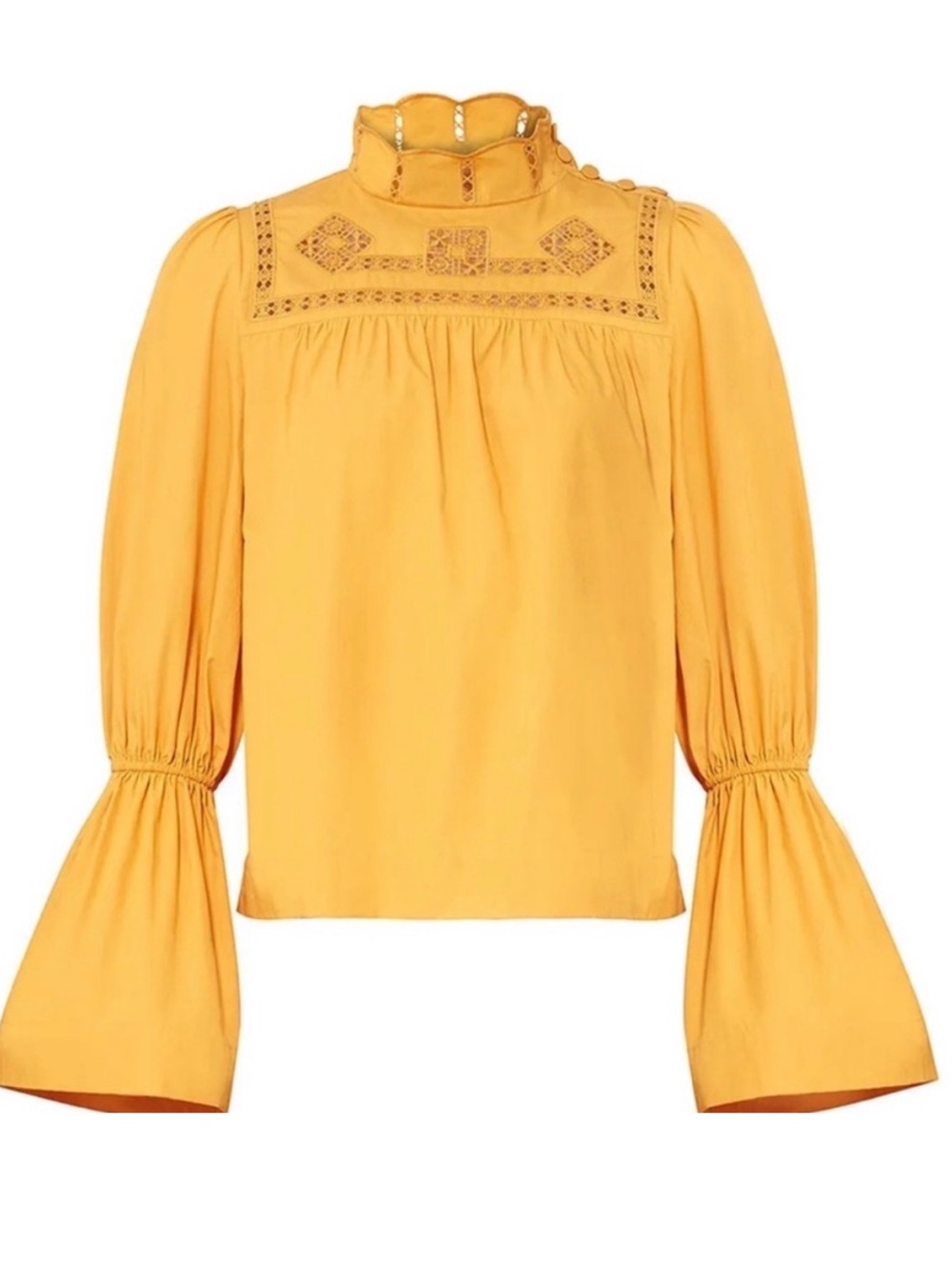 Free People Embroidered  Mustard Yellow High-Neck Peasant Blouse